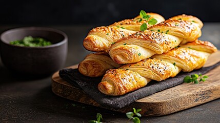Golden, savory pastries stacked on a wooden board.