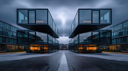 Modern, symmetrical buildings reflected in a city street.