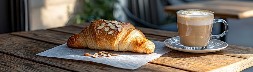 Almond croissant and latte on a wooden table.