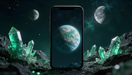 Futuristic smartphone displays alien planet and crystals in deep space