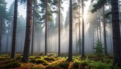 Obraz premium Tall trees stand in a serene forest, their trunks surrounded by lush greenery as morning sunlight filters through the misty atmosphere