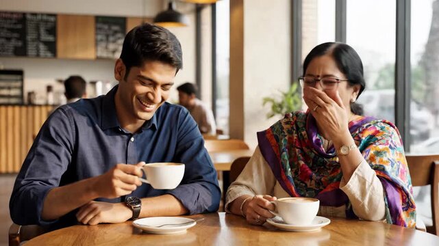 Indian mother and adult son laughing together in a coffee shop. Happy family enjoying a conversation over coffee. Intergenerational bonding and quality time