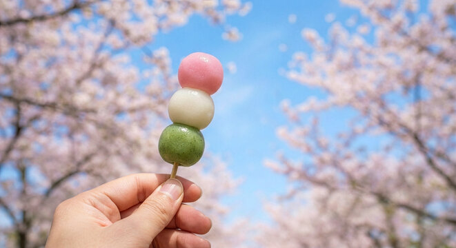 Hand holding Hanami Dango with cherry blossoms in spring sky background