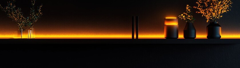 Dark shelf with warm, ambient lighting.