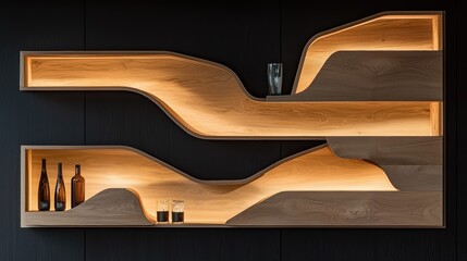 Modern, sculpted wooden wall shelves with lighting.