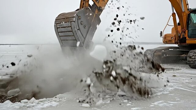 Heavy Excavator Breaking Ice on Frozen Surface During Winter Operations