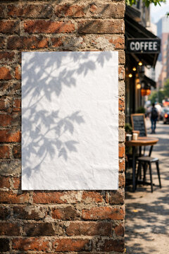 Empty paper flyer template pasted on a rough brick surface outside a trendy coffee shop for advertising design