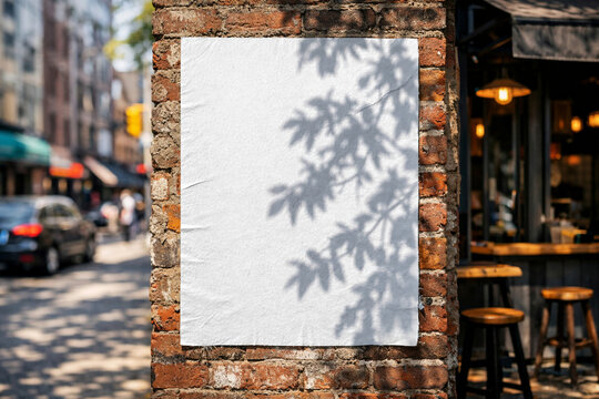 Empty paper flyer template pasted on a rough brick surface outside a trendy coffee shop for advertising design