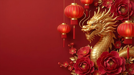 Fototapeta premium Magnificent golden dragon with festive red lanterns and beautiful flowers on a rich red background