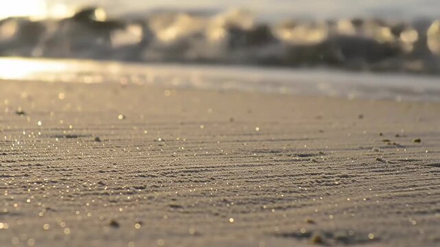 Golden sunlight reflecting on the wet sand of a tropical beach at sunset.