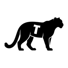 Obraz premium A sleek black panther silhouette with a white letter T on its body, standing in profile against a clean white background