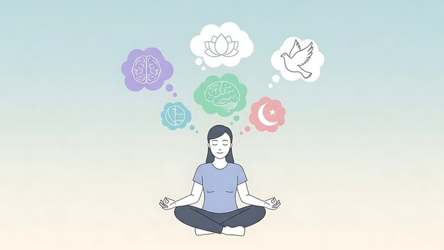 Mindfulness Meditation Concept with a Woman Sitting in Lotus Pose Surrounded by Peaceful Thought Bubbles