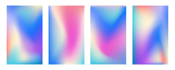 Fototapeta premium Set of four sunset vertical holographic mesh gradients with a dynamic, high-energy blend of electric blue, neon pink, deep purple, and sunny yellow