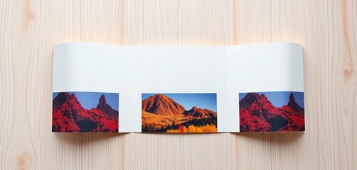Obraz premium Clean, minimalist trifold brochure mockup on a light wood background, brochure, element