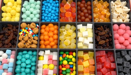 Assortment of colorful candies and dried fruits in a divided tray for a sweet treat selection