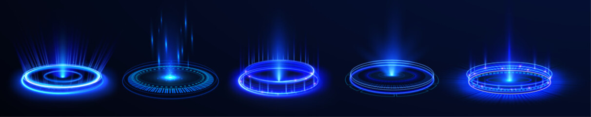 Futuristic energy portal with luminous blue rings and radiant aura. Vertical light stream enhances teleport effect. Perfect for game interfaces, magic transitions, and sci-fi design. © Vitalii