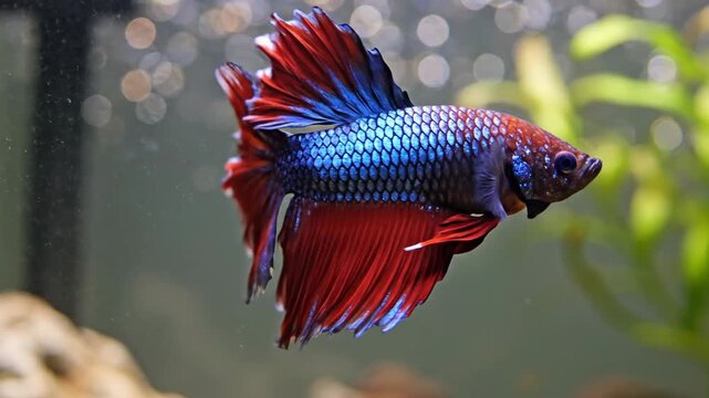 A close-up of a beautiful, colorful betta fish swimming in an aquarium with decorative plants and bokeh background