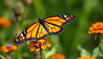 Naklejka premium Vibrant monarch butterfly perched on milkweed, wings spread wide, insect, delicate