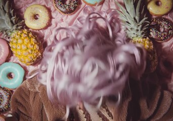 A vibrant elderly woman enjoys a colorful assortment of donuts and pineapples while lying down and eating a lollipop in a playful video