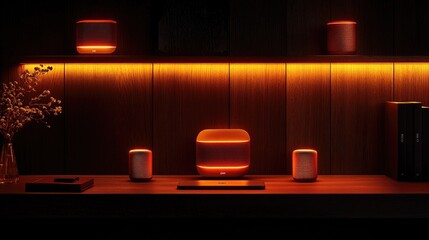 Warm lighting illuminates a set of modern speakers.