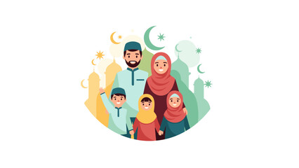 Fototapeta premium Happy Muslim Family with Children and Islamic Symbols in Flat Design