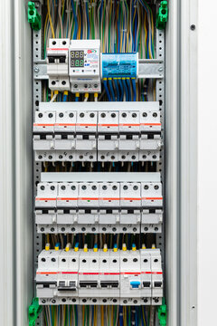 Moscow, Russia - 09.18.2025: An electric switchboard for organizing the power supply of protecting electrical loads. Connection of the mounting wires to the ABB circuit breakers in the control panel.