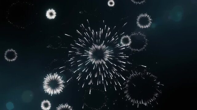 Fireworks exploding in the night sky with white sparks and bokeh lights celebration