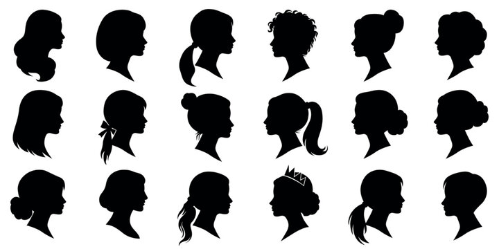 Female head profile silhouette set, women hairstyle side view and beauty salon icons