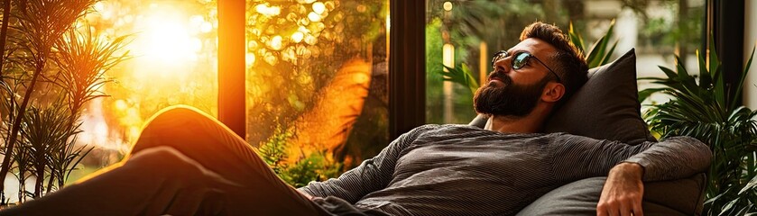 Relaxed man resting by a window at sunset.