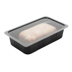 Black plastic container with clear lid and raw chicken breast inside takeout food packaging isolated on a transparent background