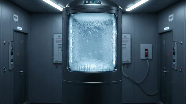 Futuristic cryocapsule with ice inside a laboratory, advanced technology for human cloning and suspended animation.