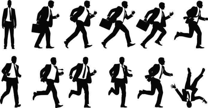Businessman Silhouette Sequence Set Showing a Professional Man Standing Walking Running and Falling Down in Various Action Poses for Career Concepts