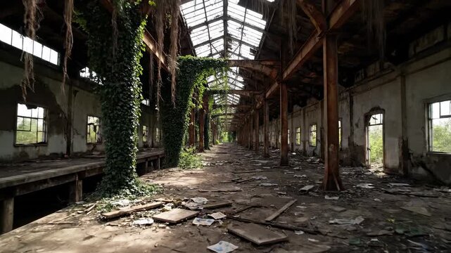 A derelict building, overgrown with vegetation, in a longitudinal perspective