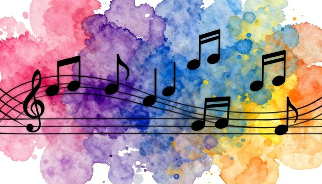 Musical notes on a vibrant watercolor background with a treble clef