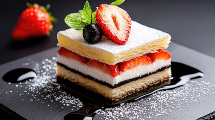 Delicious layered dessert with fresh strawberries.