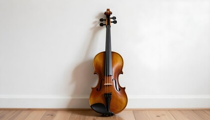 Acoustic violin leaning against a white wall on a wooden floor, showcasing its craftsmanship