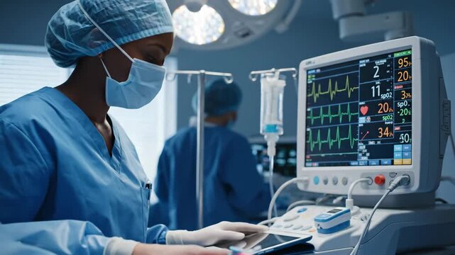 Medical professional monitoring patient vital signs in operating room. Nurse adjusting pulse oximeter on finger. Advanced healthcare technology and critical care concept