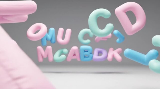 Soft inflatable 3d letters floating in pastel colors, matte balloon alphabet animation, creative typography and playful branding concept