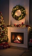 A christmas tree with lights and a fireplace