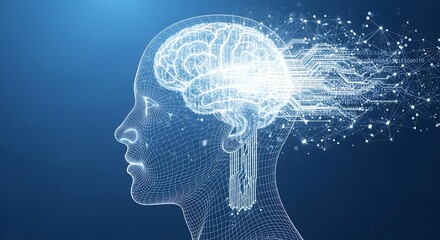 Obraz premium Human head with bright brain and neural connections floating in air