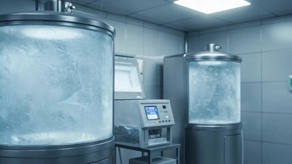 Cryocapsules with frosted interior in a futuristic laboratory setting with control panels, depicting advanced cryopreservation science