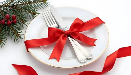 Elegant Christmas dinner setting with a white plate, silverware, and festive red ribbon