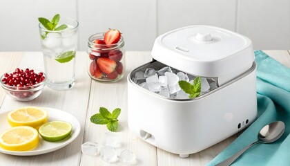 Modern white ice maker machine with fresh fruits and mint for refreshing drinks