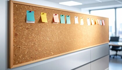 Cork Bulletin Board with Colorful Notes in Office Setting.