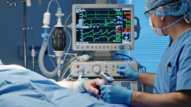 Doctor monitors a patient's vital signs in an operating room. Anesthesiologist checking a pulse oximeter with an EKG screen in the background. Healthcare and medical technology concept