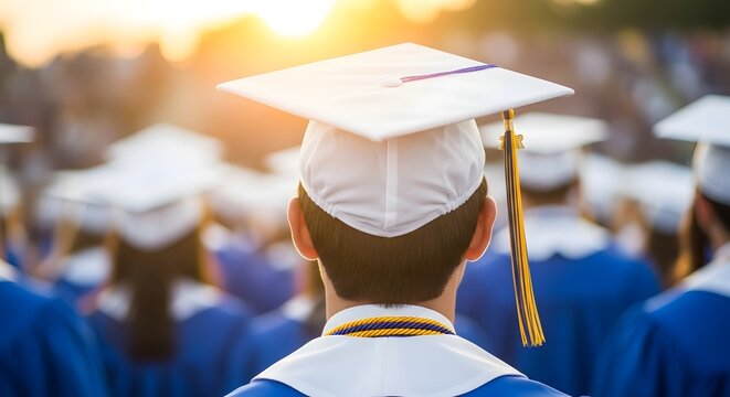Back view of a young man in graduation cap and gown with blue robe and gold tassel standing among graduates