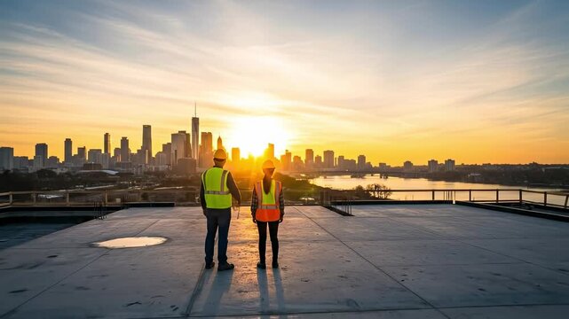 Construction Workers at Sunset Overlooking City Skyline with Hard Hats and Safety Gear