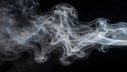 Wispy white smoke swirls and dances against a stark black background, creating an ethereal abstract pattern
