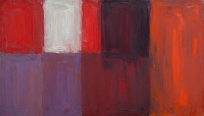 Abstract oil painting with bold blocks of red, purple, and orange hues