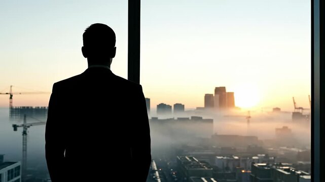 Man in Business Suit Overlooking City Construction at Sunrise